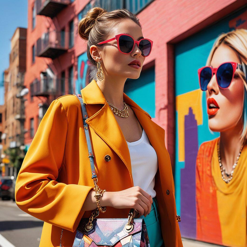 A fashionable transformation scene featuring a model going from cute to chic, showcasing a stylish wardrobe change. Use vibrant colors and bold fashion accessories, with a backdrop of a chic urban setting. Include elements like oversized sunglasses, statement jewelry, and a stylish handbag to emphasize elegance. The scene should convey confidence and sophistication, capturing the essence of elevating fashion. super-realistic. vibrant colors. urban background.