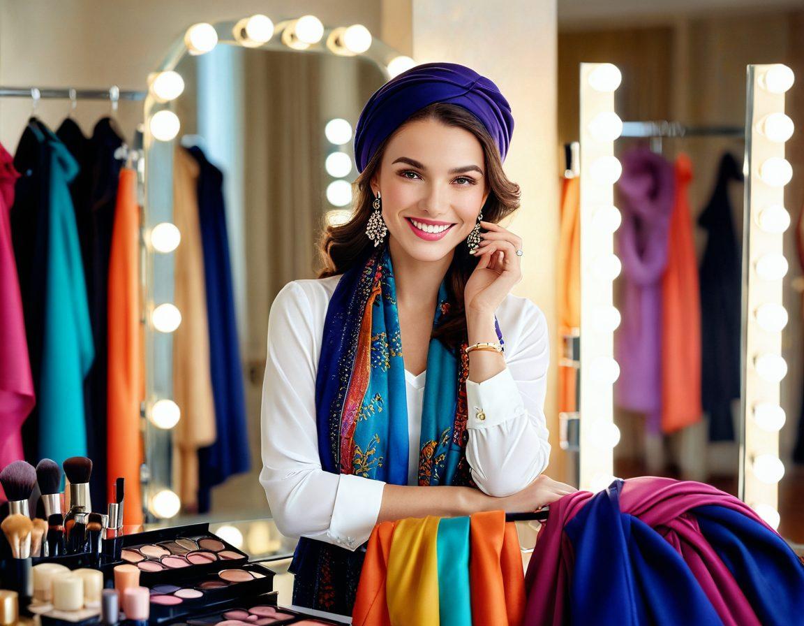 A stylish woman exuding confidence, standing in front of a mirror adjusting her makeup, surrounded by vibrant fashion accessories like scarves, hats, and jewelry. Soft lighting enhances her radiant smile, showcasing key elements of beauty tips such as skincare products, and chic outfits in the background. The image inspires elegance and charm, inviting viewers to explore their own style. super-realistic. vibrant colors. soft focus.