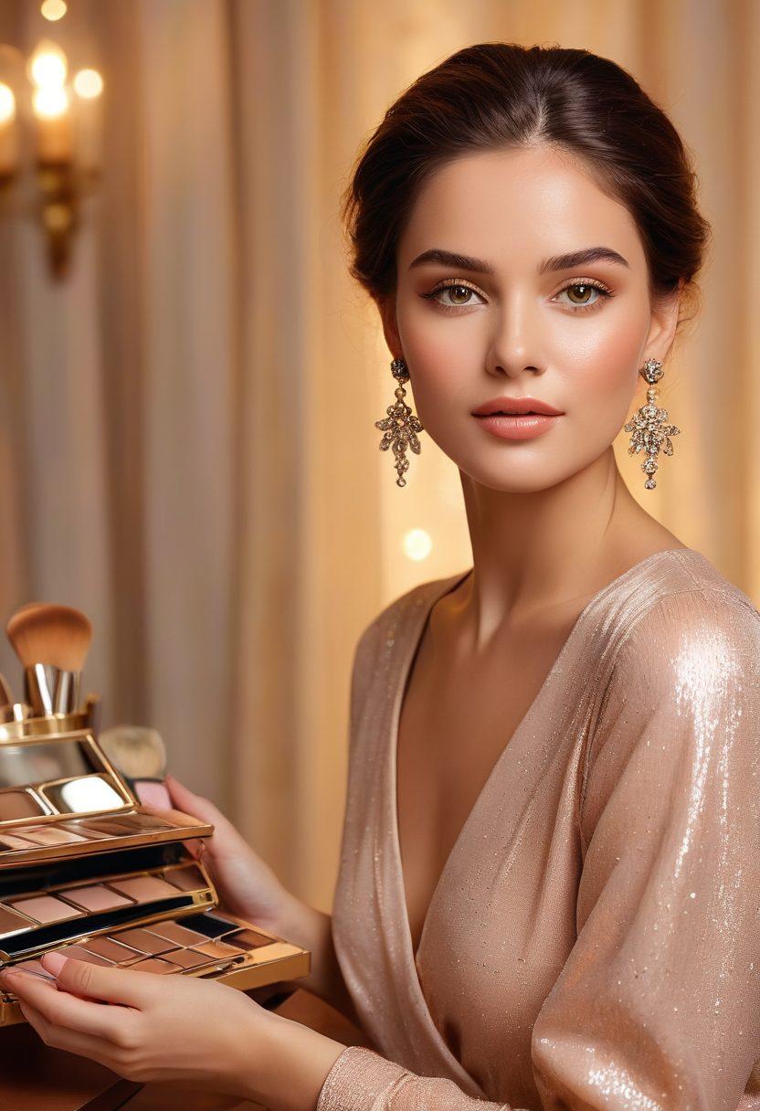 A glamorous before-and-after transformation of a woman, showcasing her radiant beauty and confidence. Include subtle hints of makeup tools, stylish clothing, and elegant accessories around her. The background should feature soft glowing lights to emphasize charm and beauty. Use warm, inviting colors to create a feeling of empowerment. super-realistic. vibrant colors. soft focus.